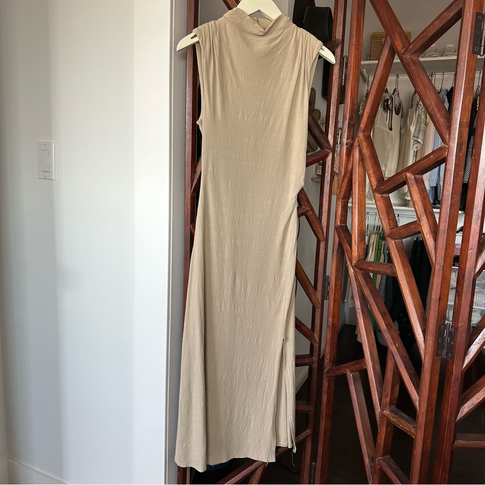 Cream Sleeveless Mock Neck Sheath Maxi Dress